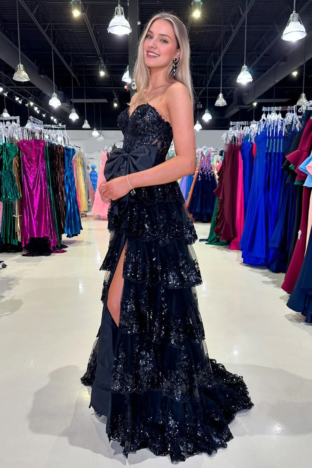 Off-the-Shoulder Sparkly Black Sweetheart A-Line Sequins Ruffled Long Corset Prom Dress With Bow